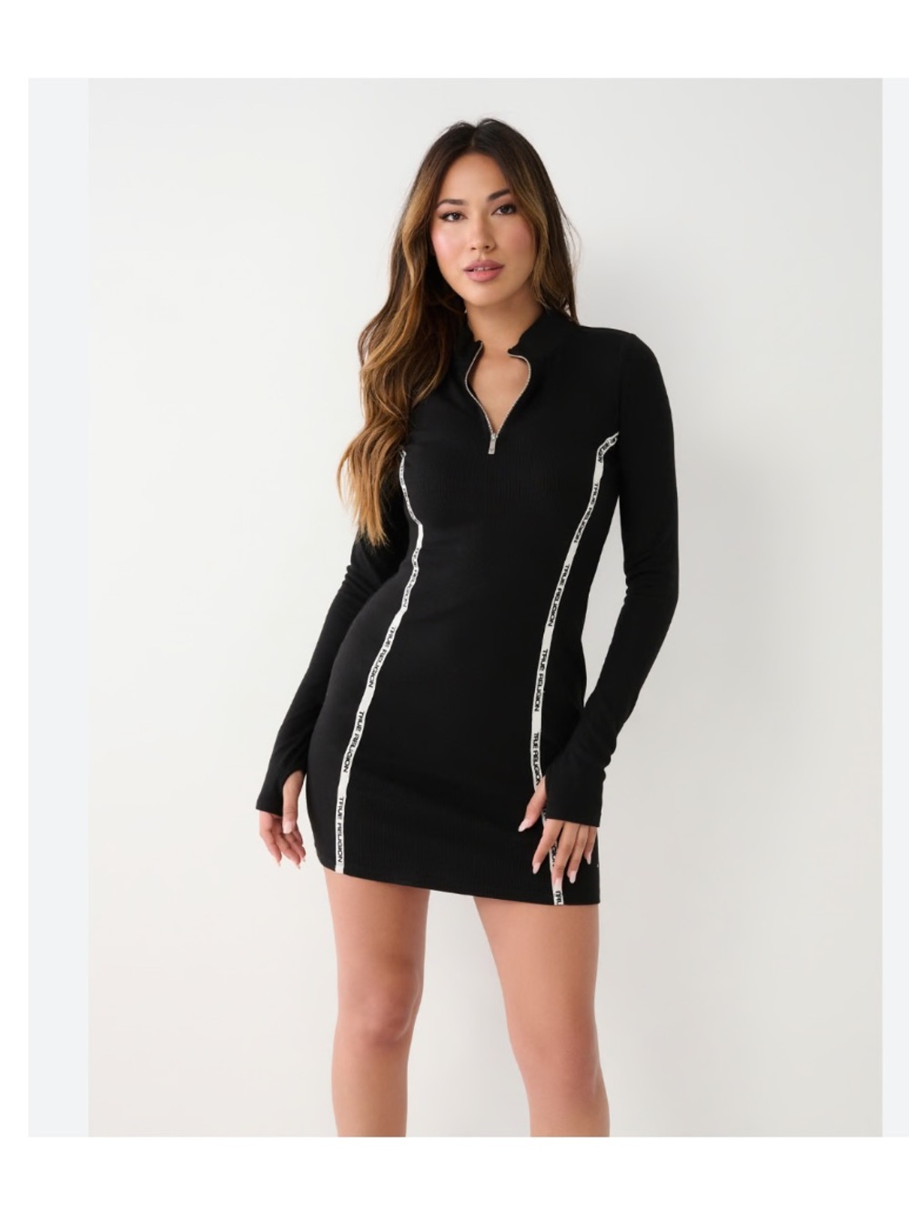 True Religion Logo Trim Zip Mini Dress in Black Sz M